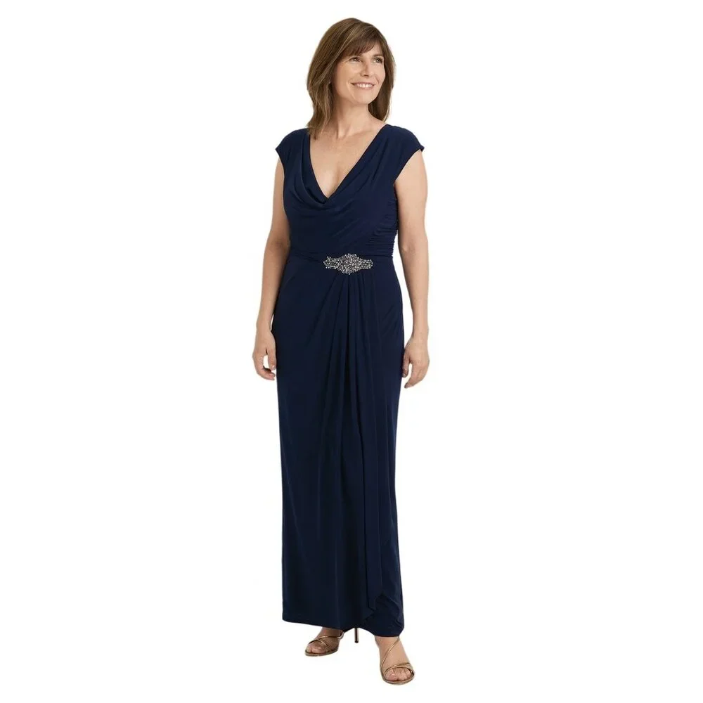 Alex Evenings SZ 8 Sleeveless Maxi Dress With Embellished Waist Draped Neck Navy